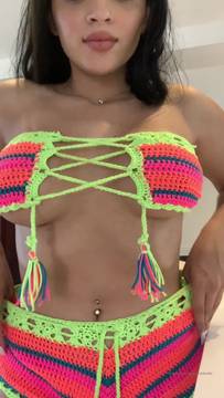 Let me open up this colorful lingerie to show my hot tits and pussy to you